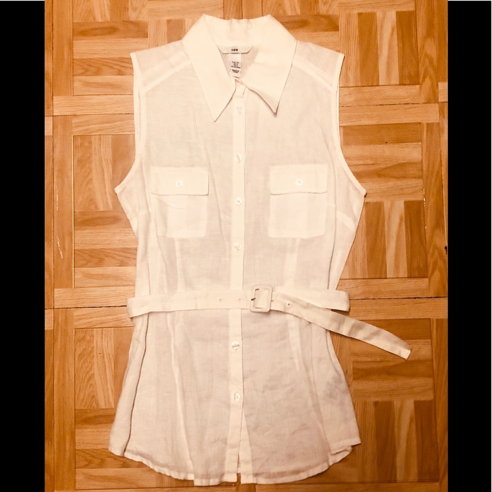 H&M white linen sleeveless belted top 6 NWT